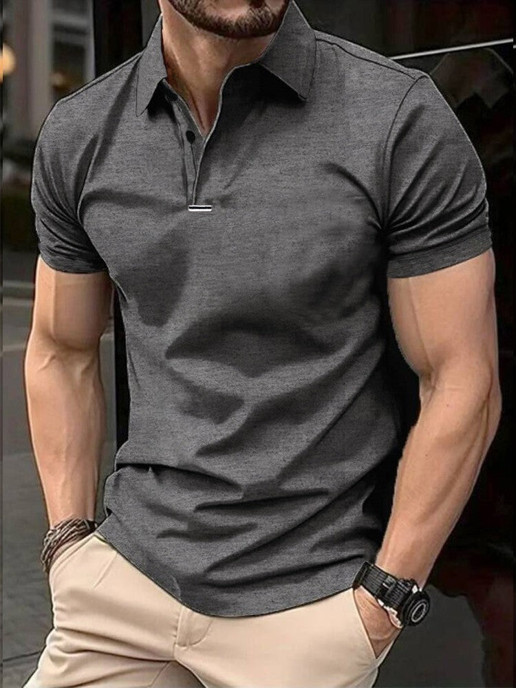 Men's solid color short-sleeved button-down lapel T-shirt casual top