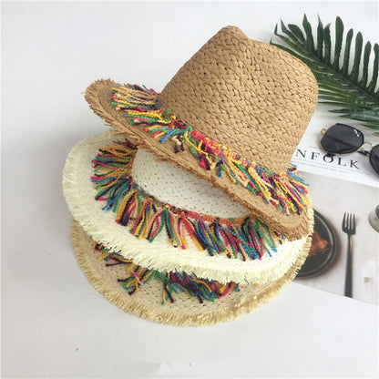 2024 Chapéu de Palha Decorado com Fita de Borla Colorida, Chapéu de Sol com Proteção, Chapéu de Praia Feminino Moderno, Boné Jazz de Verão para Mulher