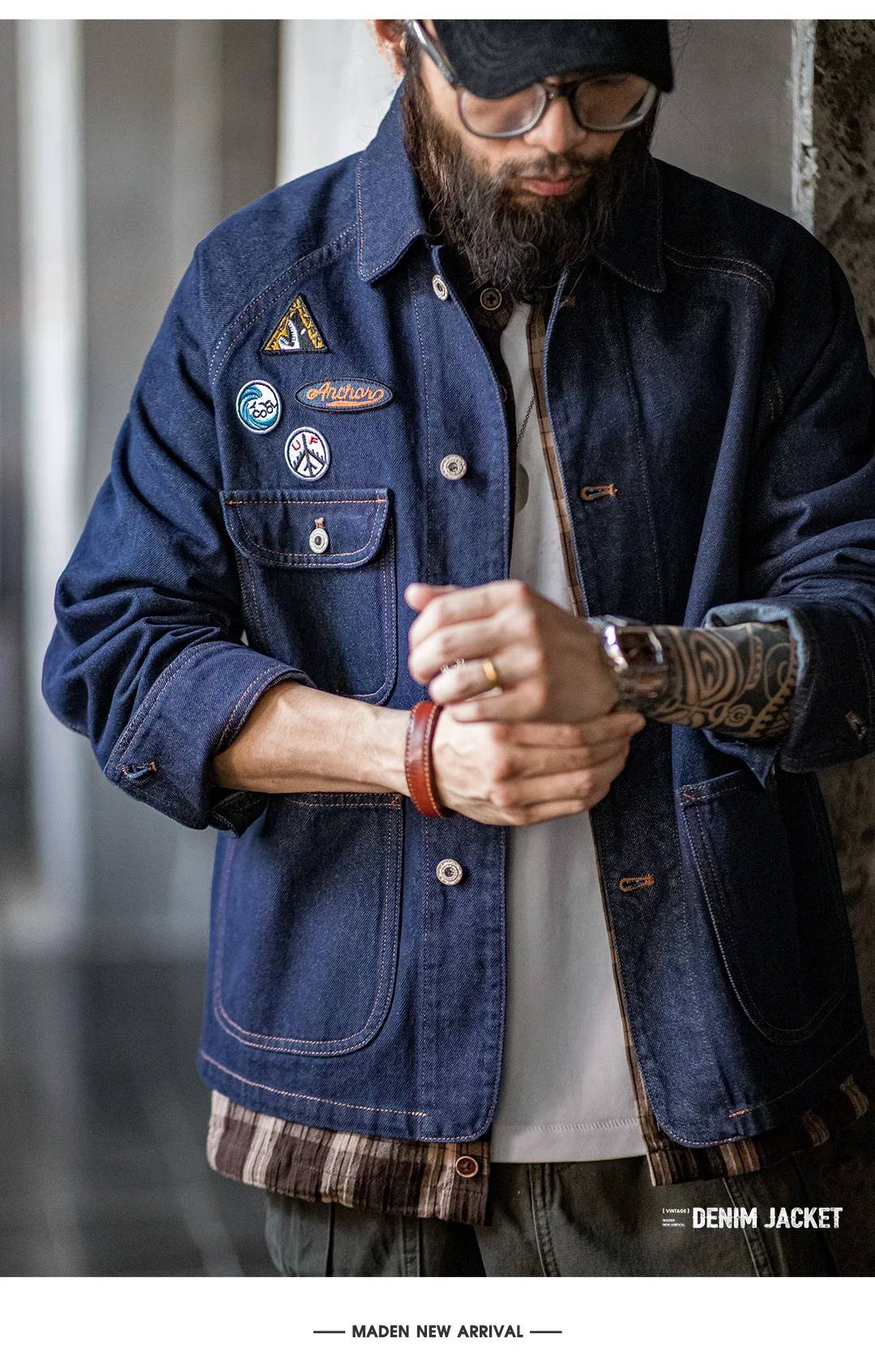 Maden Vintage 12.8oz Heavyweight Denim Jacket Embroidered Badge Washed Lapel Casual Outerwear for Men Spring and Fall Chore Coat