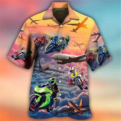 Retro Aircraft Printed Shirts Casual 3D Denim Pattern men's Clothing Hawaiian Beach Short Sleeved Shirt Outdoor Casual men's Top