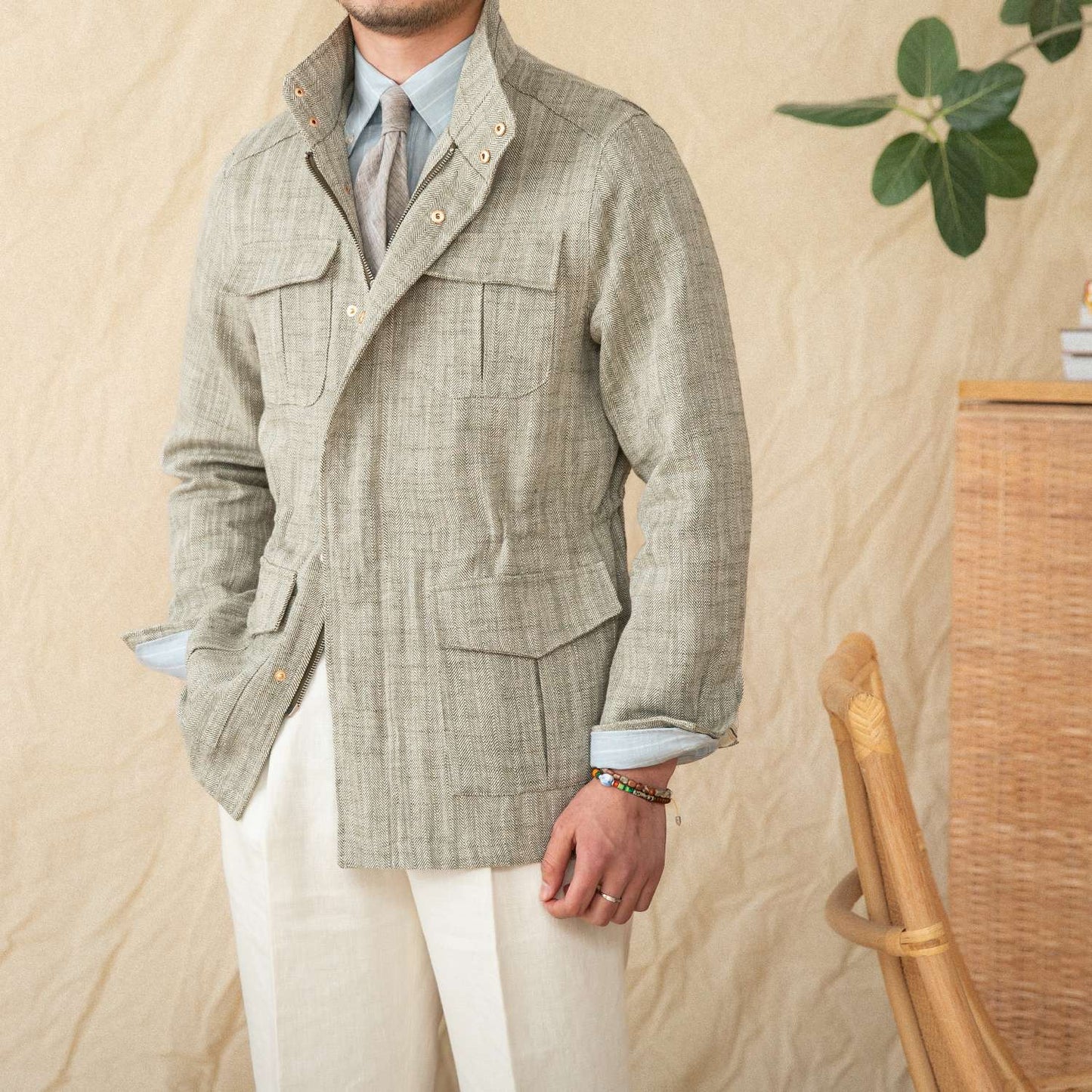 Cotton and Linen Vertical Collar Tight Waist M65 Hunting Jacket Retro All-match Spring and Summer Lightweight Casual Jacket