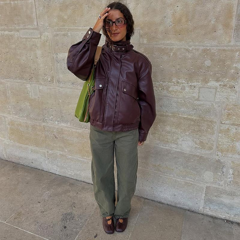 Fashion PU Leather Stand Up Coat for Women Casual Long Sleeve Zipper Lady Jackets 2025 Autumn New Female Outerwear High Street