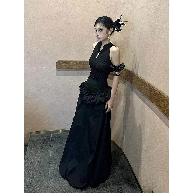 MEXZT Vintage Black Long Dress Women Party Prom Ruffles Sleeveless Maxi Dresses
