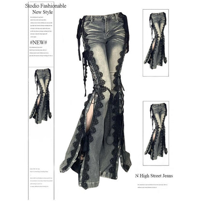 Low Rise Split Bootcut Pants Women Spring Eyelets Lace Up Flare Jeans Retro Stitch Lace Slim Bell Bottoms Streetwear