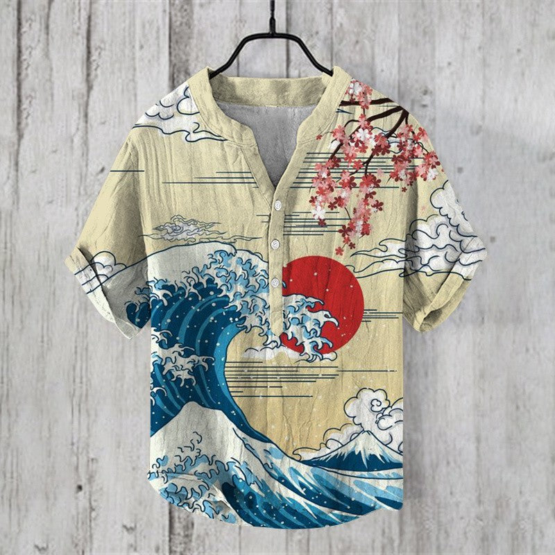 2024 Summer Retro Style European and American Popular Linen Short sleeved Shirt Fashion Hawaiian Shirt Button V-neck
