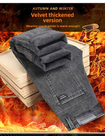 Calça Jeans Masculina de Inverno Slim Reta Elástica Jeans Casual Masculino Roupa Moda Calça Pelúcia Nova Moda Jeans Quente