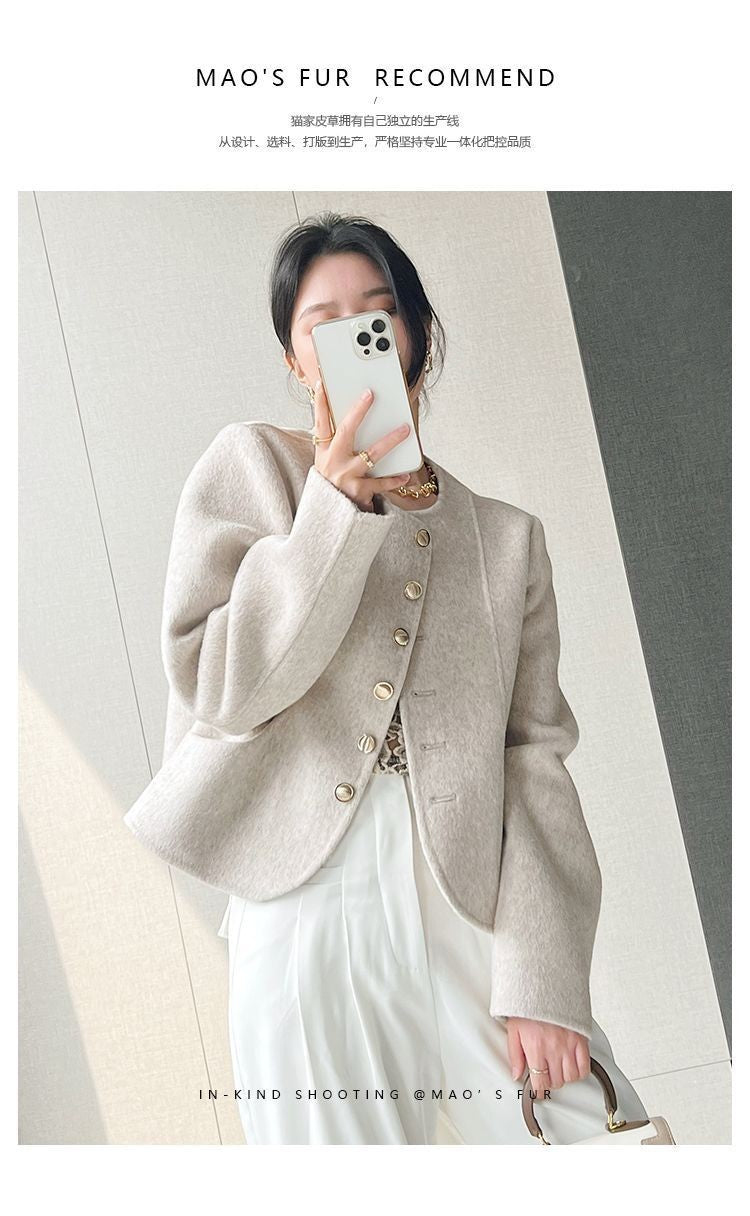 Women's New Round Neck Single-breasted Double-sided Tweed Coat Fashionable Casual and Versatile Elegant Top