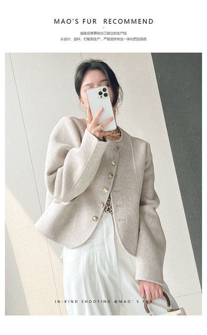 Women's New Round Neck Single-breasted Double-sided Tweed Coat Fashionable Casual and Versatile Elegant Top