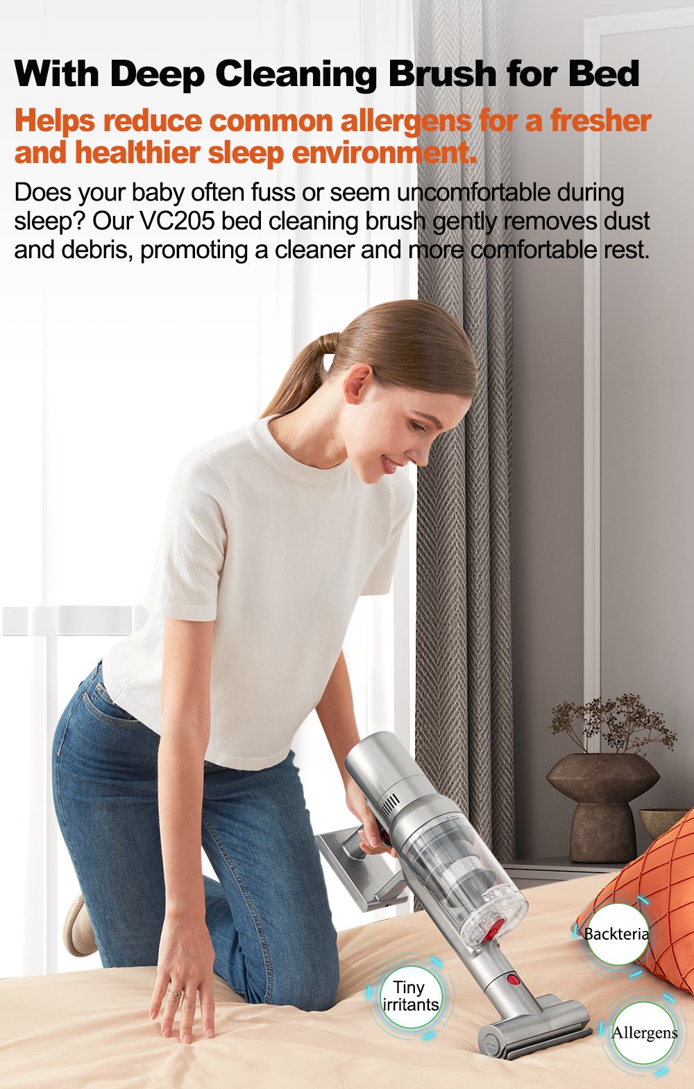 ABIR VC205 Aspirador de Pó Portátil Sem Fio, 27000PA, Tela Sensível ao Toque, Sensor Inteligente de Poeira, Controle Automático de Velocidade para Limpeza de Casa, Cama e Carpete