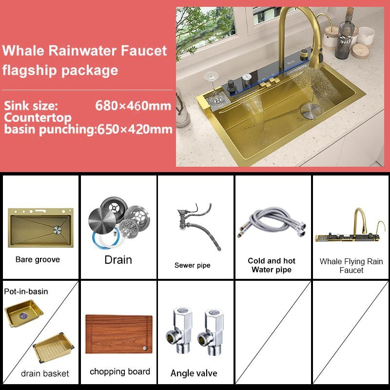 Stainless Steel Waterfall Kitchen Sink Digital Display Faucet Set Embossed Extra Large Single Slot Multiple Types of sinks