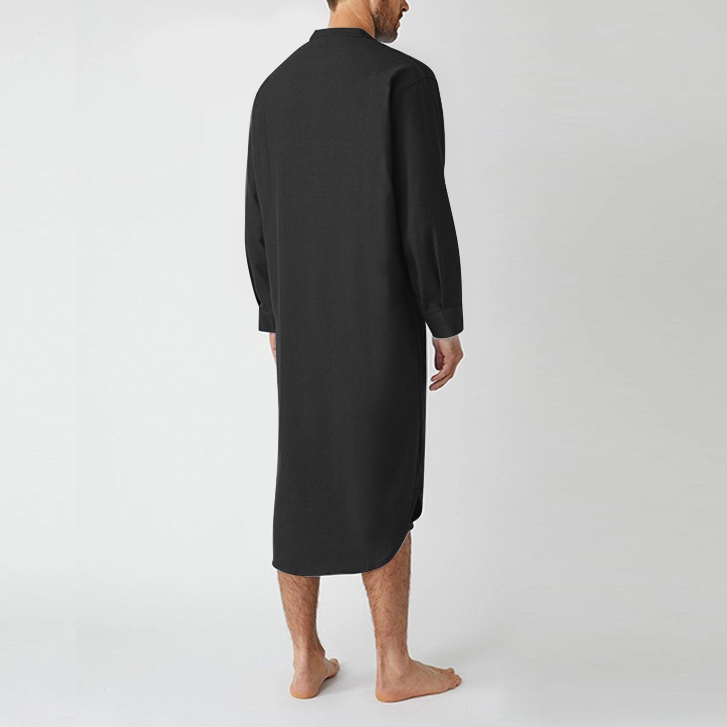 Men's Cotton Button-down Sleep Robe Solid Color Stand Neck Long Sleeve Nightgown Fashion Comfortable Home Wear Loose Bathrobe