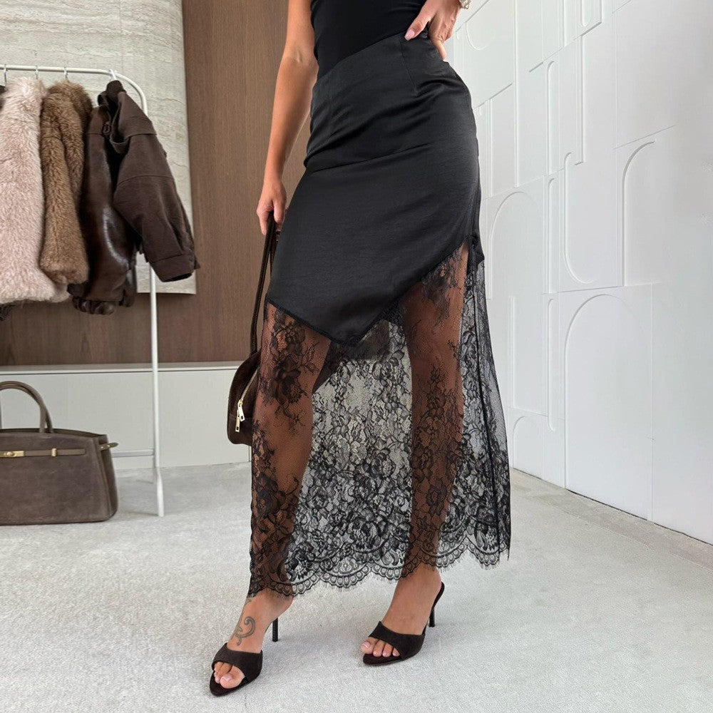 Elegant Mid-Length Lace Patchwork Women's Skirt Bodycon Mini Dress Cross-Border Autumn Winter Street Style Pure Color Trend