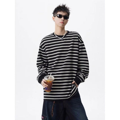 Lazy Style Striped Loose T Shirts Men's Long Sleeve All-match Youth Street Casual Tops Spring Autumn Korean Trend Men Clothing