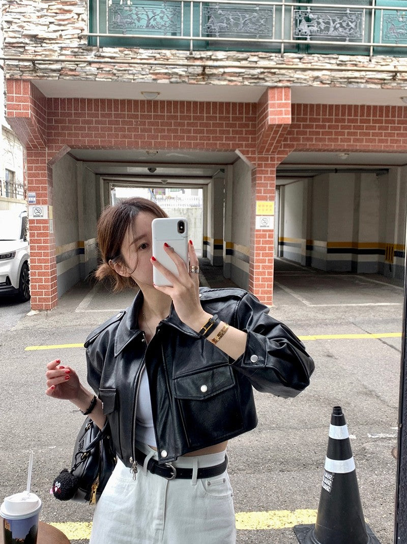 Women's Loose ort PU Leather Jaet Double ket Retro Collar Zipper Versatile Motorcycle Sle Top Trendy Commute Wind