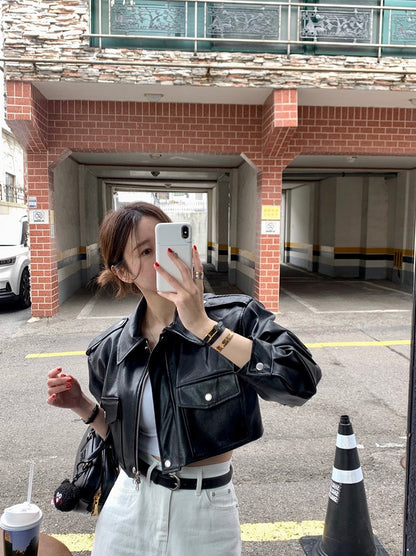 Women's Loose ort PU Leather Jaet Double ket Retro Collar Zipper Versatile Motorcycle Sle Top Trendy Commute Wind