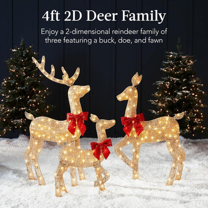 Elegant 4ft 3-Piece 2D Illuminated Christmas Deer Family, Large Outdoor Yard Decoration with 175 Lights