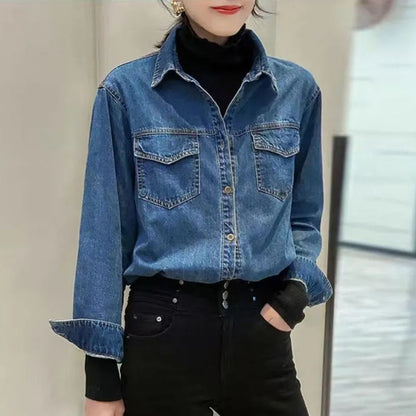 Korean Women Long Sleeve Jeans Shirt With Bottom Tops Coat Retro Style Female Spring Loose Cowboy Cardigan Blouse Denim  Jacket