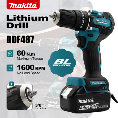 Furadeira de Impacto Parafusadeira Makita DDF487 18V a Bateria com Motor Brushless e Velocidade Variável Ferramentas Elétricas de Impacto