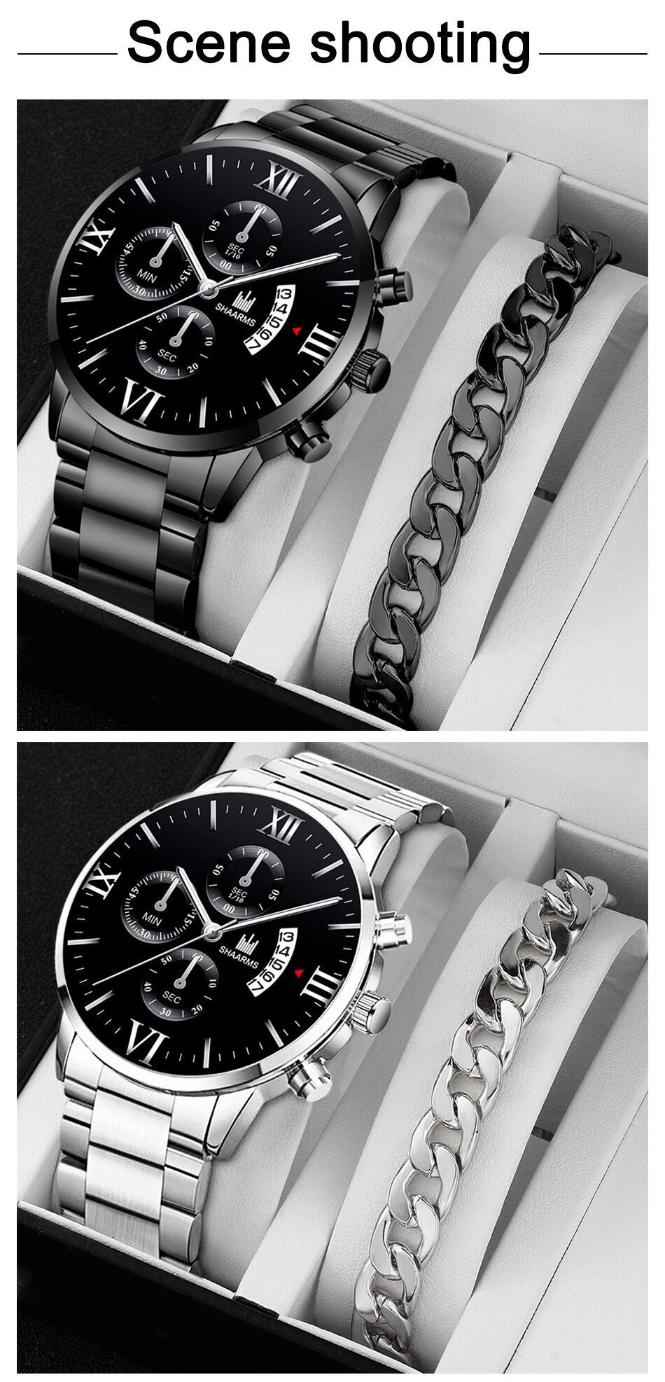 Mens Fashion Business Quartz Watch Fashion Fake Three Eye Six Pin Calendar Men Watch Stainless Steel Belt Men Watches