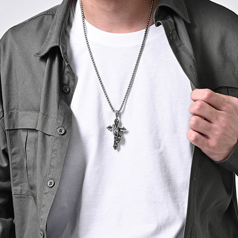 Colar com Pingente Cruz Mãos Rezando Vintage Hip-Hop Corrente de Aço Inoxidável Acessórios de Pescoço Joias Hip Hop Rock Presentes 2025