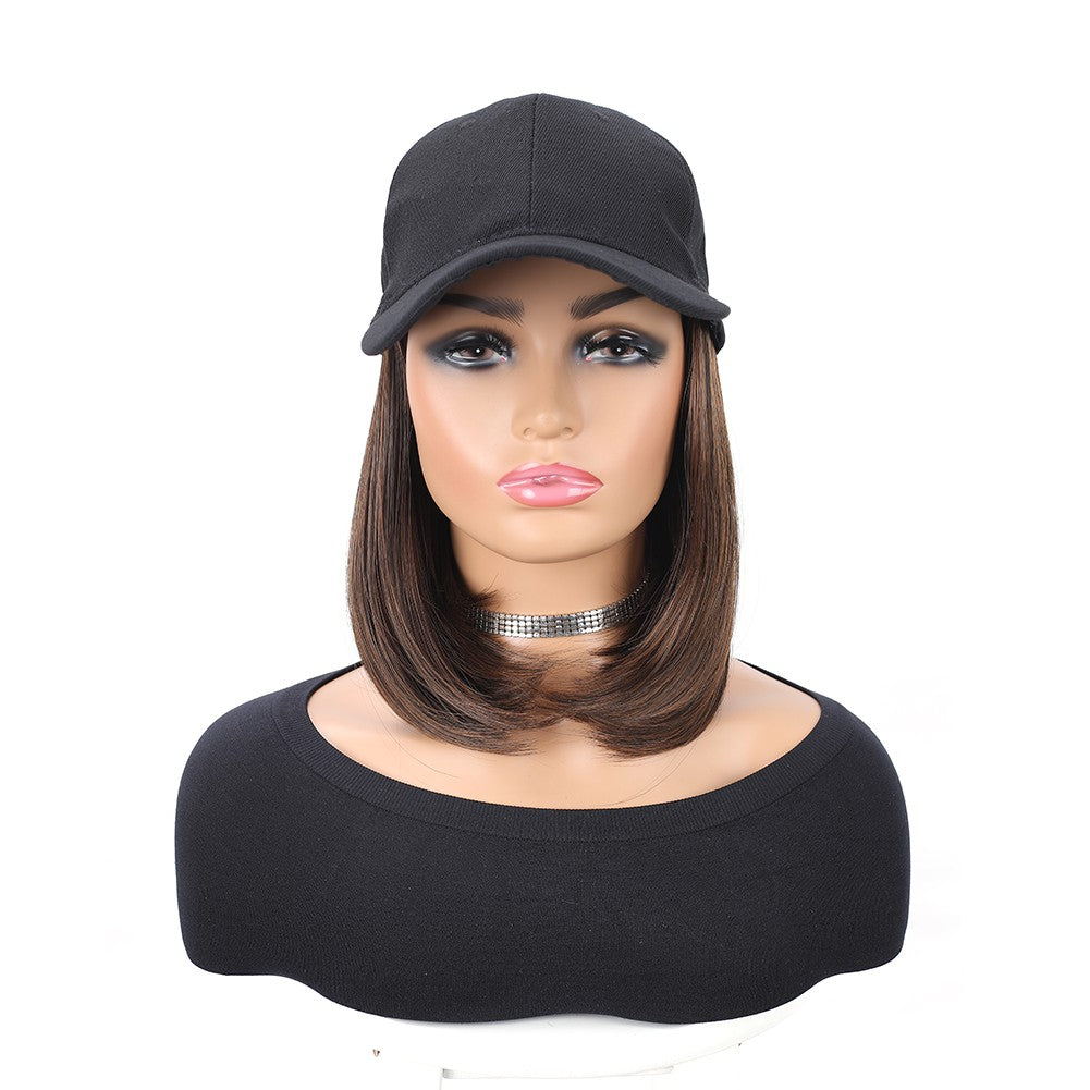 Boné de Beisebol com Extensões de Cabelo Sintético Cabelo Liso Curto Bob Chapéu Peruca Ajustável Removível 25 cm para Mulher Menina