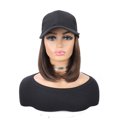 Boné de Beisebol com Extensões de Cabelo Sintético Cabelo Liso Curto Bob Chapéu Peruca Ajustável Removível 25 cm para Mulher Menina