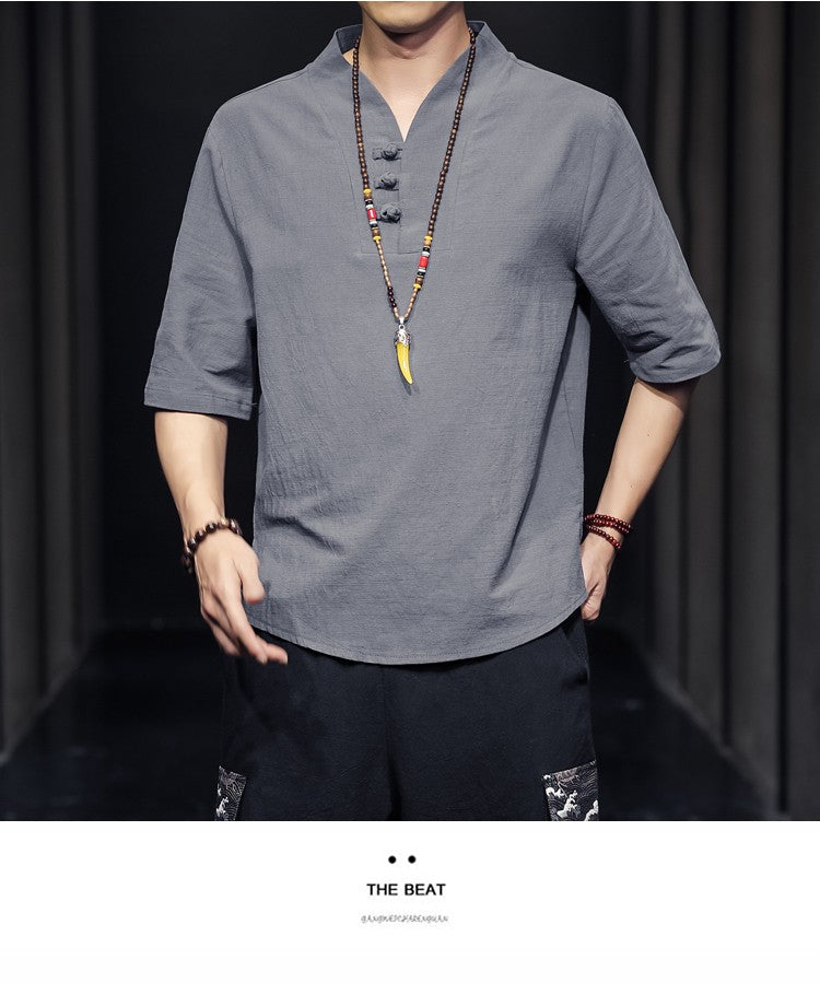 2023 Men Summer Cotton Linen Tang Shirt Men Chinese Style Button Short-Sleeved Shirts Male Blouse Vintage Kung Fu Hawaiian Shirt