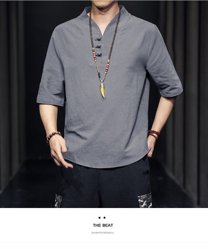 2023 Men Summer Cotton Linen Tang Shirt Men Chinese Style Button Short-Sleeved Shirts Male Blouse Vintage Kung Fu Hawaiian Shirt