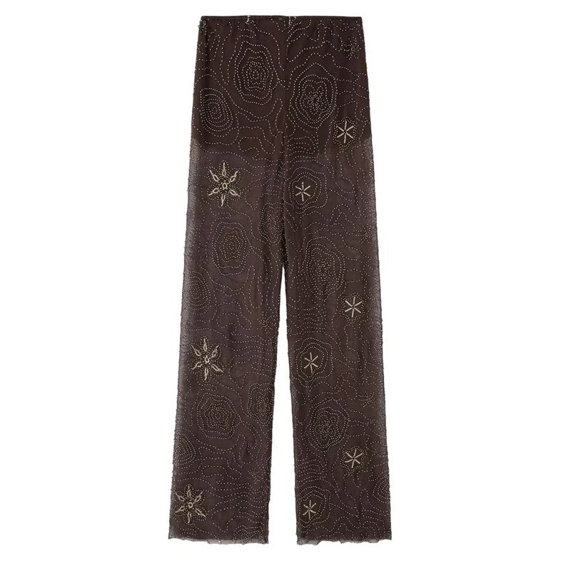 HXAO Women's Pants 2025 Beaded Tulle Pants For Woman Baggy Sequin New In Pants Spring Summer Semi Sheer Women's Trousers 088