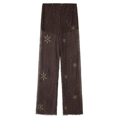 HXAO Women's Pants 2025 Beaded Tulle Pants For Woman Baggy Sequin New In Pants Spring Summer Semi Sheer Women's Trousers 088