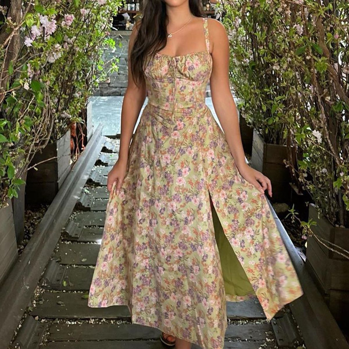 Suninheart Women's Summer Floral Print Dresses Sweet Elegant Midi Holiday Dress