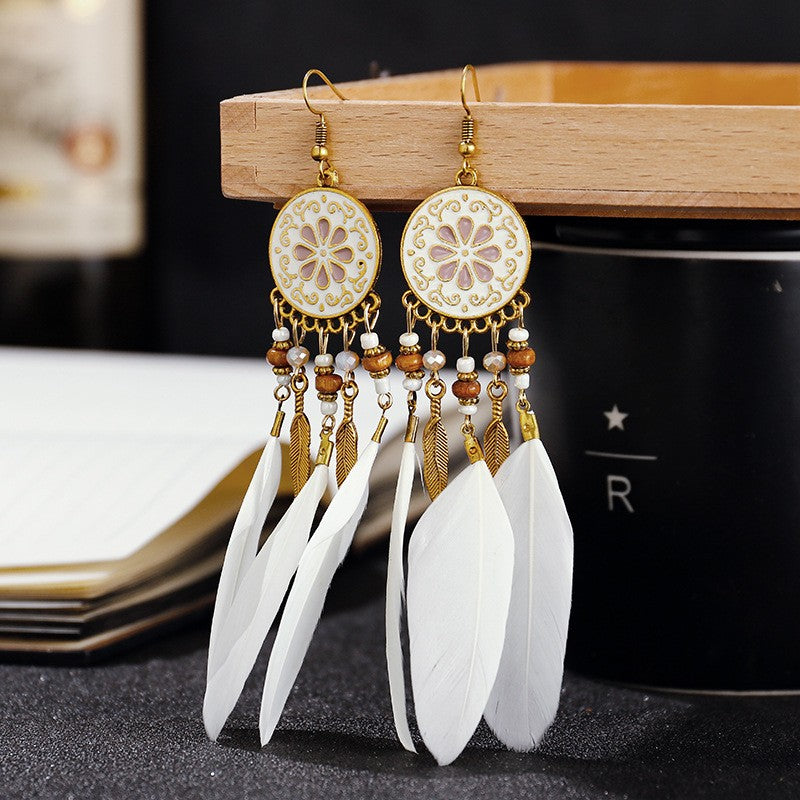 Brincos femininos longos de pena estilo boho, praia, com borla longa, miçangas, flores artesanais esmaltadas, para noiva, casamento, Pendientes Mujer