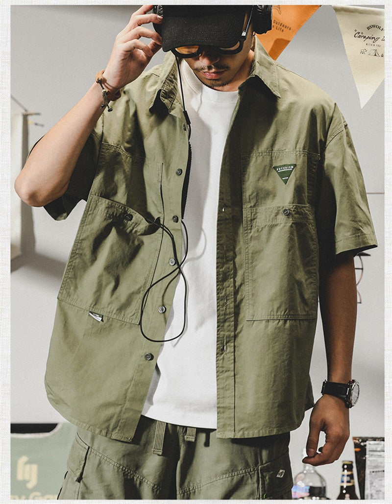 Summer hawaiian Casual Cargo Shirt For Men Oversized Short Sleeve Tee Shirts Y2K Streetwear Button Blouses Outdoor Masculino