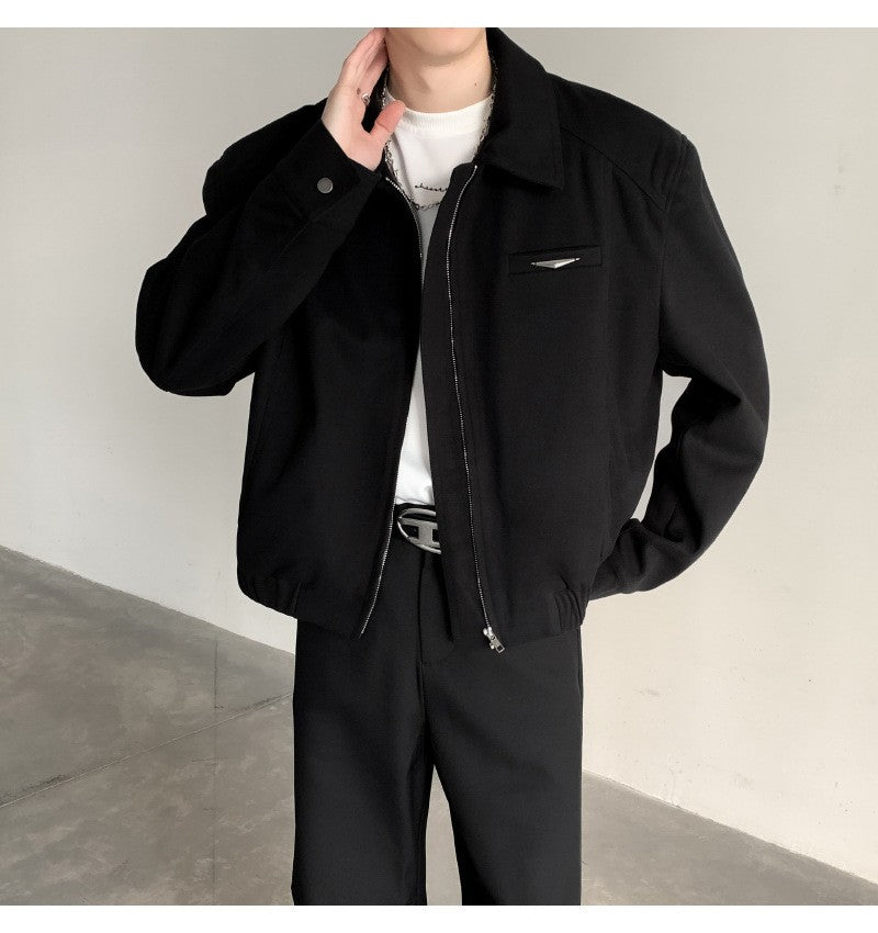 Short Jacket Men's Autumn Winter Handsome American Shoulder Pad Coat High-end Lapel Baseball Uniform