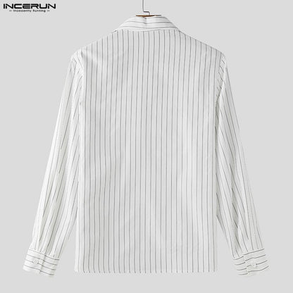 INCERUN Men Striped Shirt Lapel Long Sleeve Loose Casual Men Clothing Streetwear 2025 Korean Style Fashion Male Shirts Tops