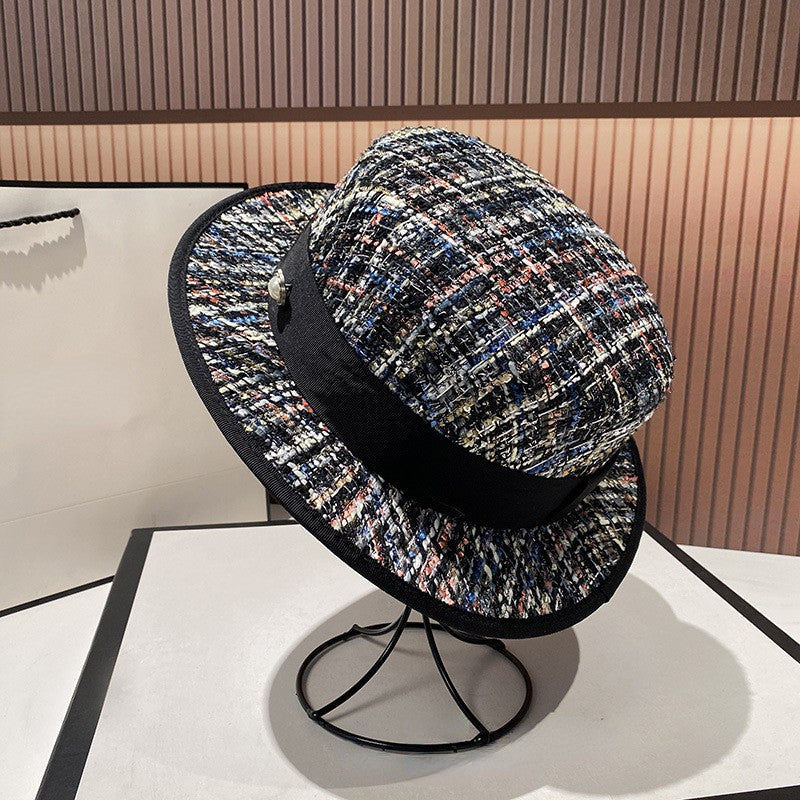 Chapéu jacquard estilo socialite europeia delicado e elegante com pérolas, chapéu de tweed rosa, chapéu de festa feminino da moda