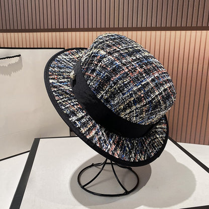 Chapéu jacquard estilo socialite europeia delicado e elegante com pérolas, chapéu de tweed rosa, chapéu de festa feminino da moda