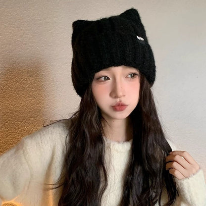 1PC Cat Ear Knitted Beanies, Cute Winter Warm Wool Hats For Women, Korean Style Fashion Headwear