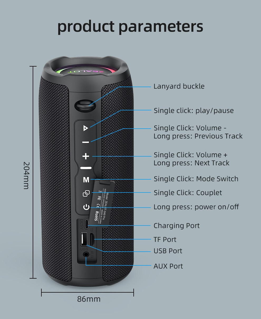 Zealot-S49PRO Portable Bluetooth Speaker 20W IPX6 Waterproof Powerful Sound Box Bass Boost Dual Pairing True Wireless Speaker