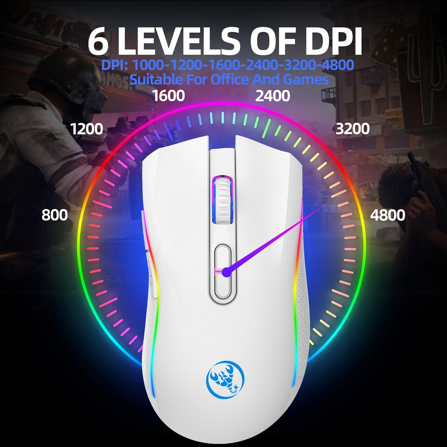 Mouse Mecânico Sem Fio RGB HXSJ T69 2.4G Mouse Gamer Ergonômico com 7 Botões Programáveis 4800DPI para Escritório e Jogos