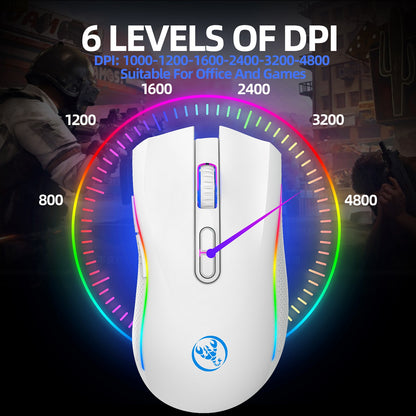 Mouse Mecânico Sem Fio RGB HXSJ T69 2.4G Mouse Gamer Ergonômico com 7 Botões Programáveis 4800DPI para Escritório e Jogos