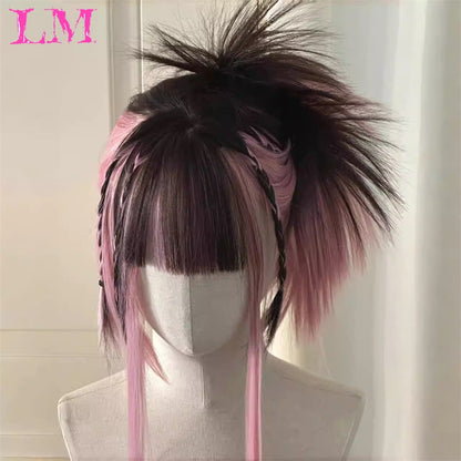 LM Medium Length Pink Cosplay Wig Heat Resistant Costume Party Synthetic Wigs 2 Clip On Ponytail 7 Colors