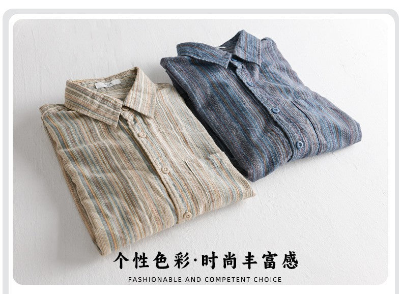 6158 Spring Fashion Japan Style Vintage Stripe Simple Cargo Shirt for Men Good Quality Cotton Long Sleeve Slim Fit Casual Blouse