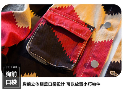 American Retro Diamond Denim Shirt Men Clothing Autumn Polo Neck Trendy High Strret Loose Casual Blouses Cargo Jacket for Men