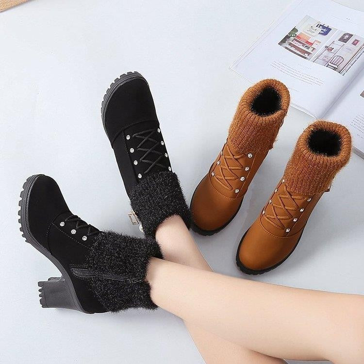 Women's Designer High Heels Shoes 2023 Winter New Warm Non-slip Block Cow Suede Warm Snow Boots Fashion Crystal Plush Goth Botas