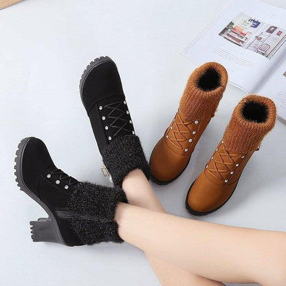 Women's Designer High Heels Shoes 2023 Winter New Warm Non-slip Block Cow Suede Warm Snow Boots Fashion Crystal Plush Goth Botas