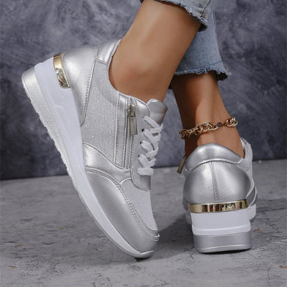 Fashion Thick Bottom Silver Sneakers Women 2025 Spring Wedge Heel Vulcanized Shoes Woman Comfortable Lace Up Sport Sneaker Mujer