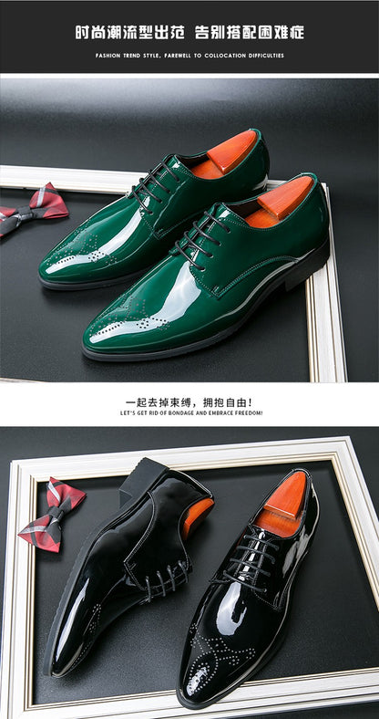 High Quality Green Men Oxfords Shoes Pointed Formal Shoes Man Patent Leather Shoes Lace-Up Business Dress Shoes Men Big size 48