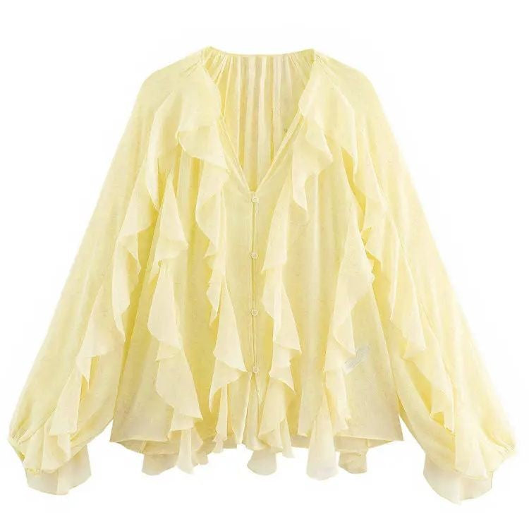 2025 Summer Chic Women's Elegant Loose Long Sleeve Layered Shirts Office Lady Vintage V-neck Translucent Tierred Ruffles Blouses