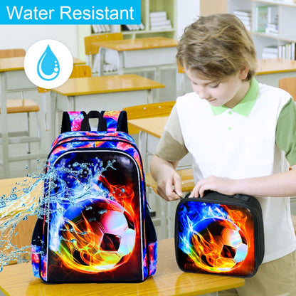 Mochila de Futebol para Meninos 3 Peças, Mochila Escolar Infantil com Lancheira, Mochila Escolar de 17" Resistente à Água para Adolescentes do Ensino Fundamental e Médio